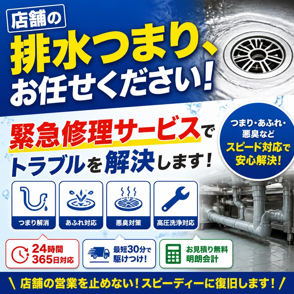 店舗の排水つまり、お任せください！緊急修理サービスでトラブルを解決します！